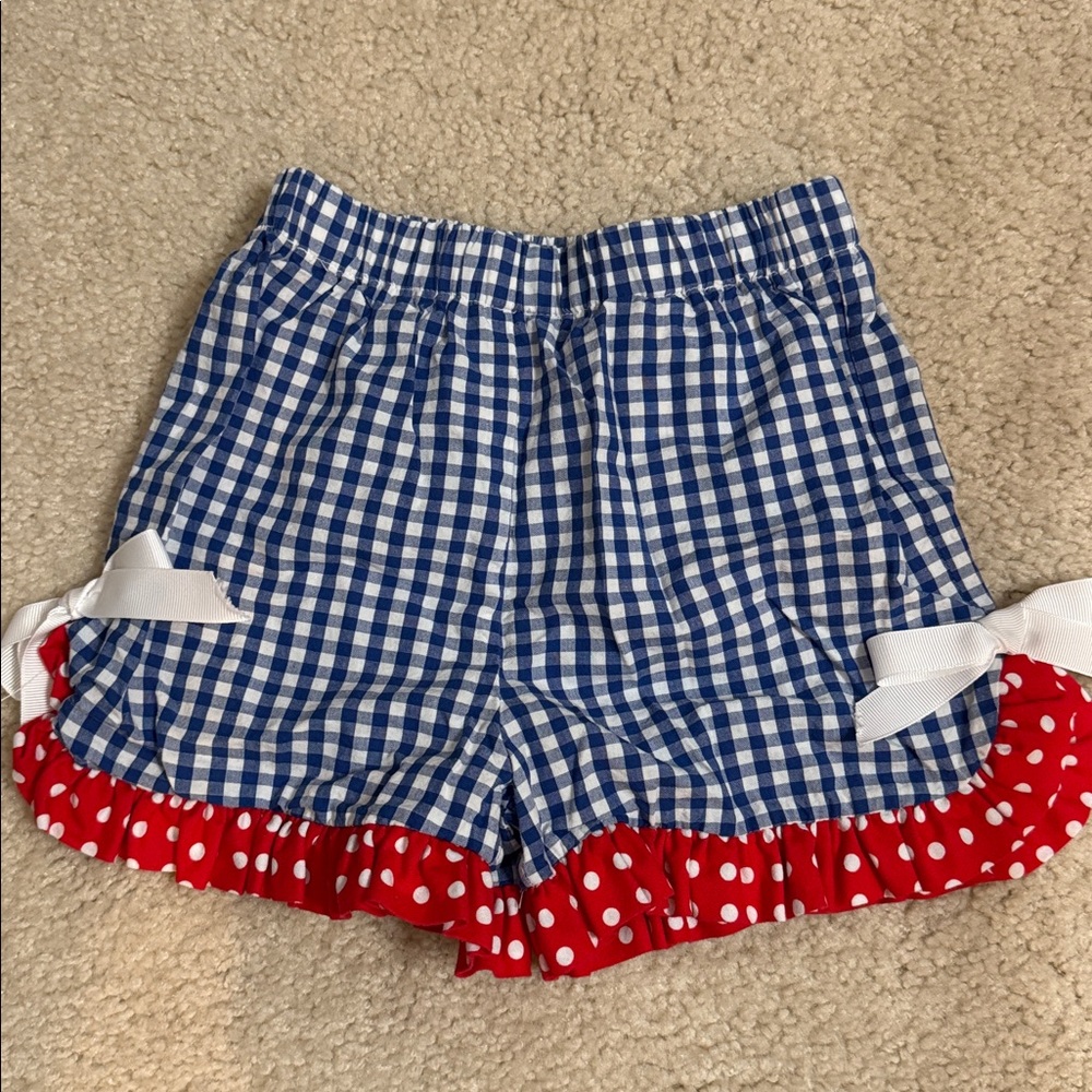 ❤️3 for $10! Funtasia Too Blue Gingham Shorts with Red Polka Dot Trim